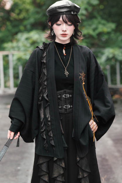 Loose Black Lace Trim Embroidery Tassel Cardigan