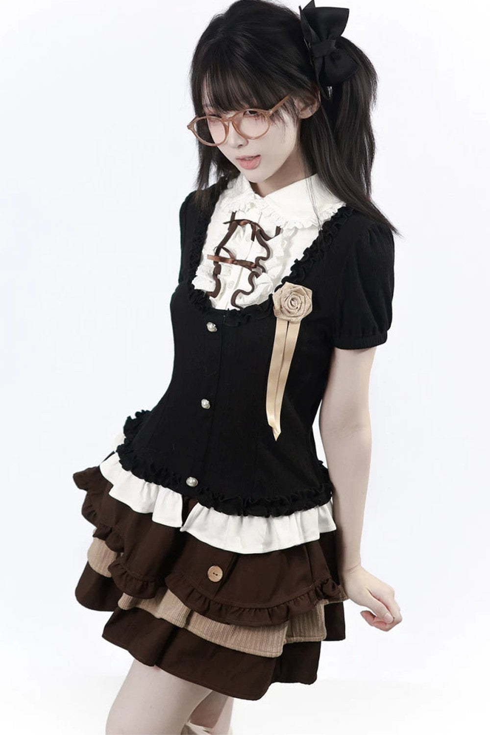Rose Brown Lace Knit Top + Skirt