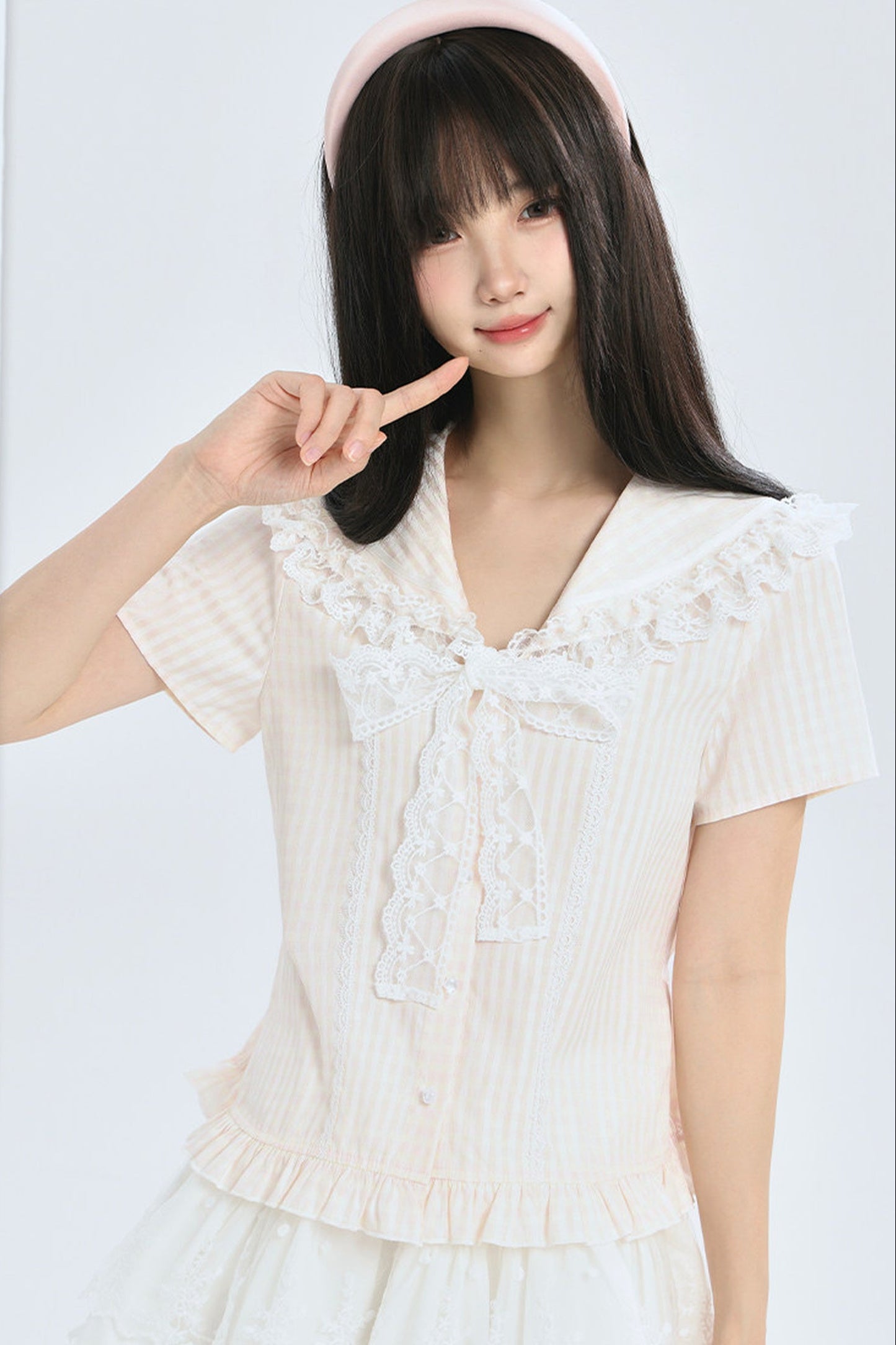 Pink Plaid Lace Trim Tie Top and Skirt Set-Up