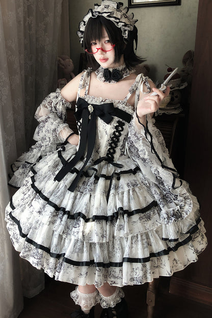 Lolita-Kleid mit Tuschewaschung und Fischgrätenmuster
