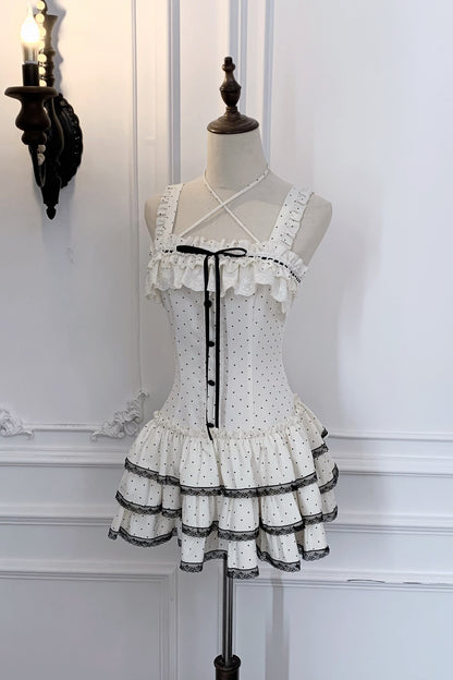 Polka Dot Knit Cardigan and Suspender Skirt Set