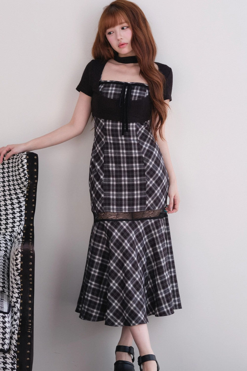 [Vorbestellung] Klassisches kariertes langes Kleid + Cardigan