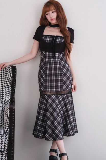[Vorbestellung] Klassisches kariertes langes Kleid + Cardigan