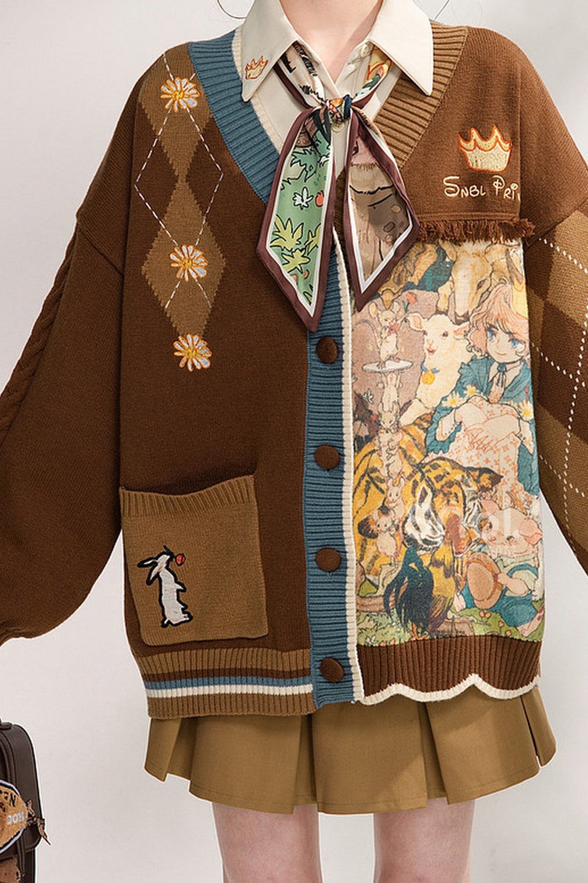 Vintage Oil Painting Knit Cardigan And Skirt