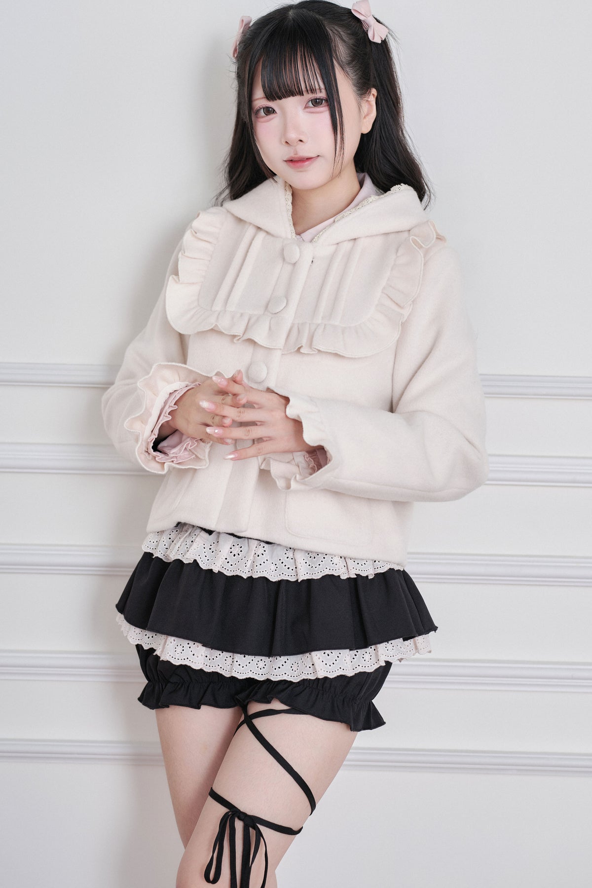 Ruffle Hooded Wool Jacket