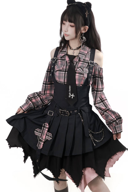 Retro Plaid Off-Shoulder Shirt and Suspender Skirt Set-Up