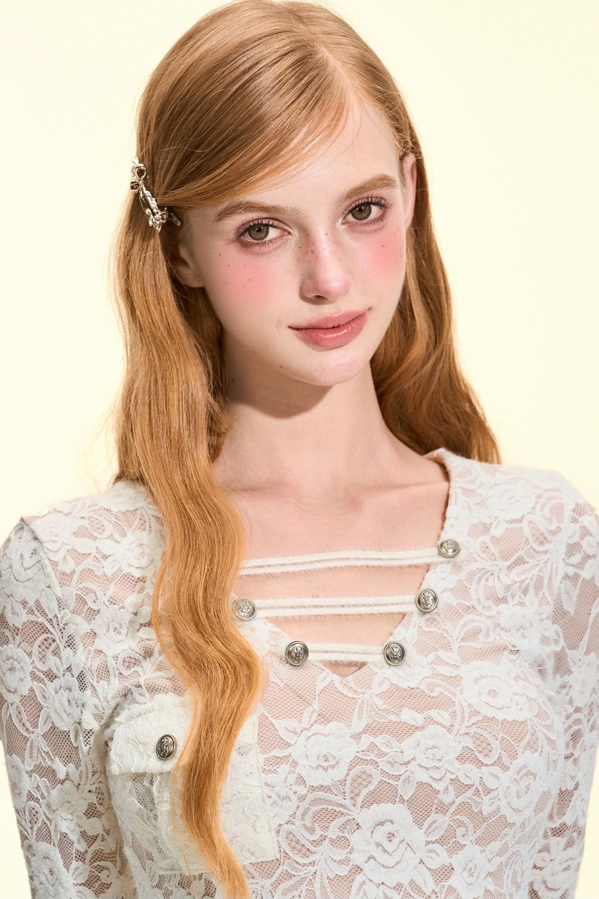Metal Buckle V-Neck Lace Blouse
