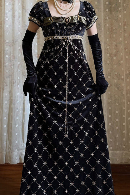 Black Gold Beaded Empire Dress
