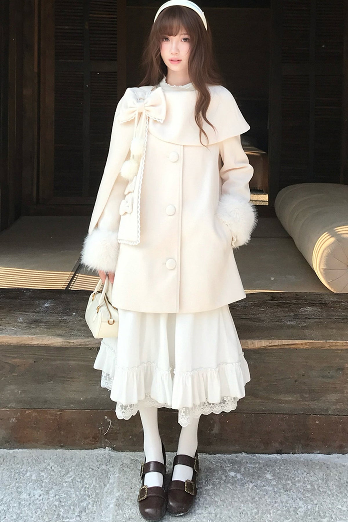 Apricot Wool Cape Coat and Skirt Set