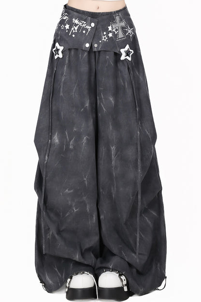 High-Waisted Layered Tie-Dye Wide-Leg Cargo Pants
