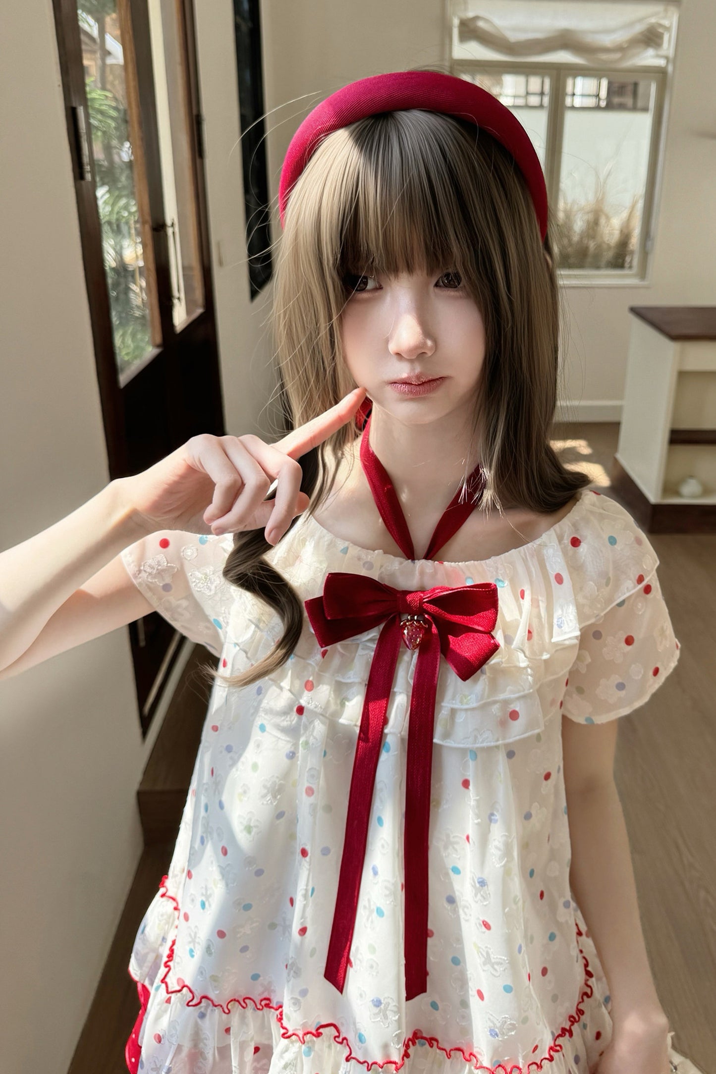 Berry Rococo Polka Dot Floral Short Top and Skirt Set-Up