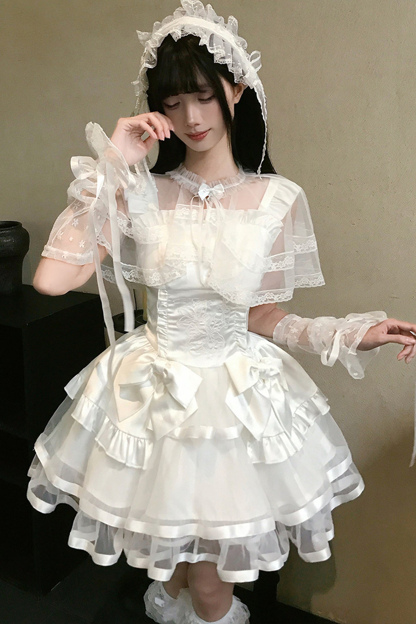 Detachable Shawl Satin Bow Cake Dress