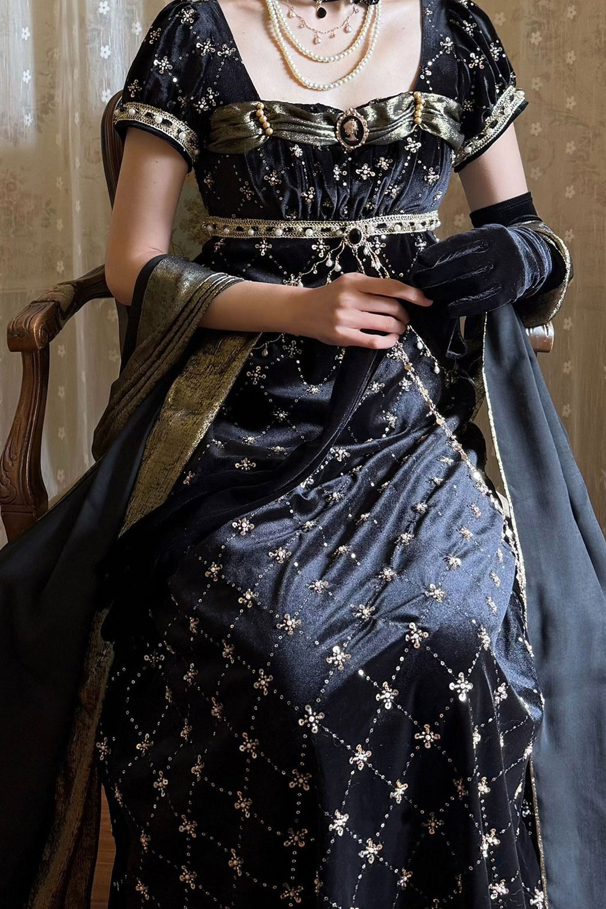 Black Gold Beaded Empire Dress