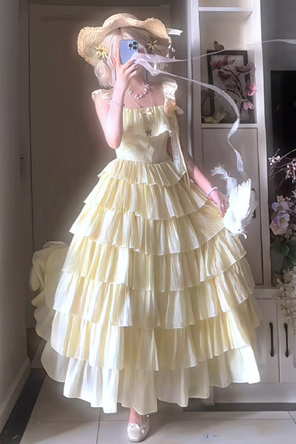 Seven-Layer Ruffle Square Neck Dress, Hair Accessory and Jacket Set-Up