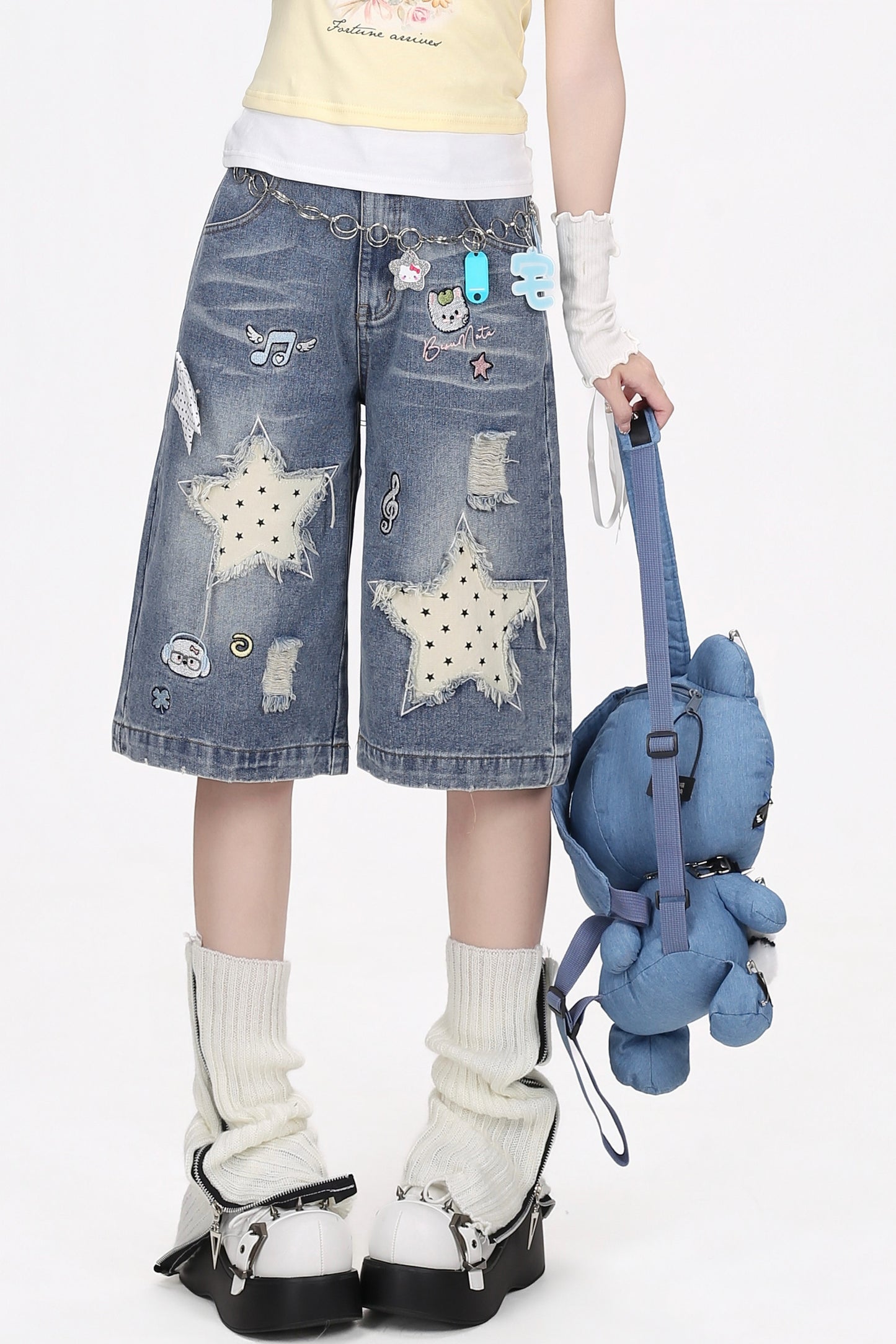Dreamy-Cute Musical Note and Star Denim Shorts