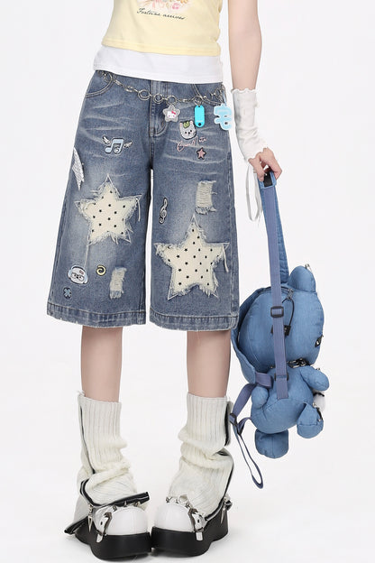 Dreamy-Cute Musical Note and Star Denim Shorts