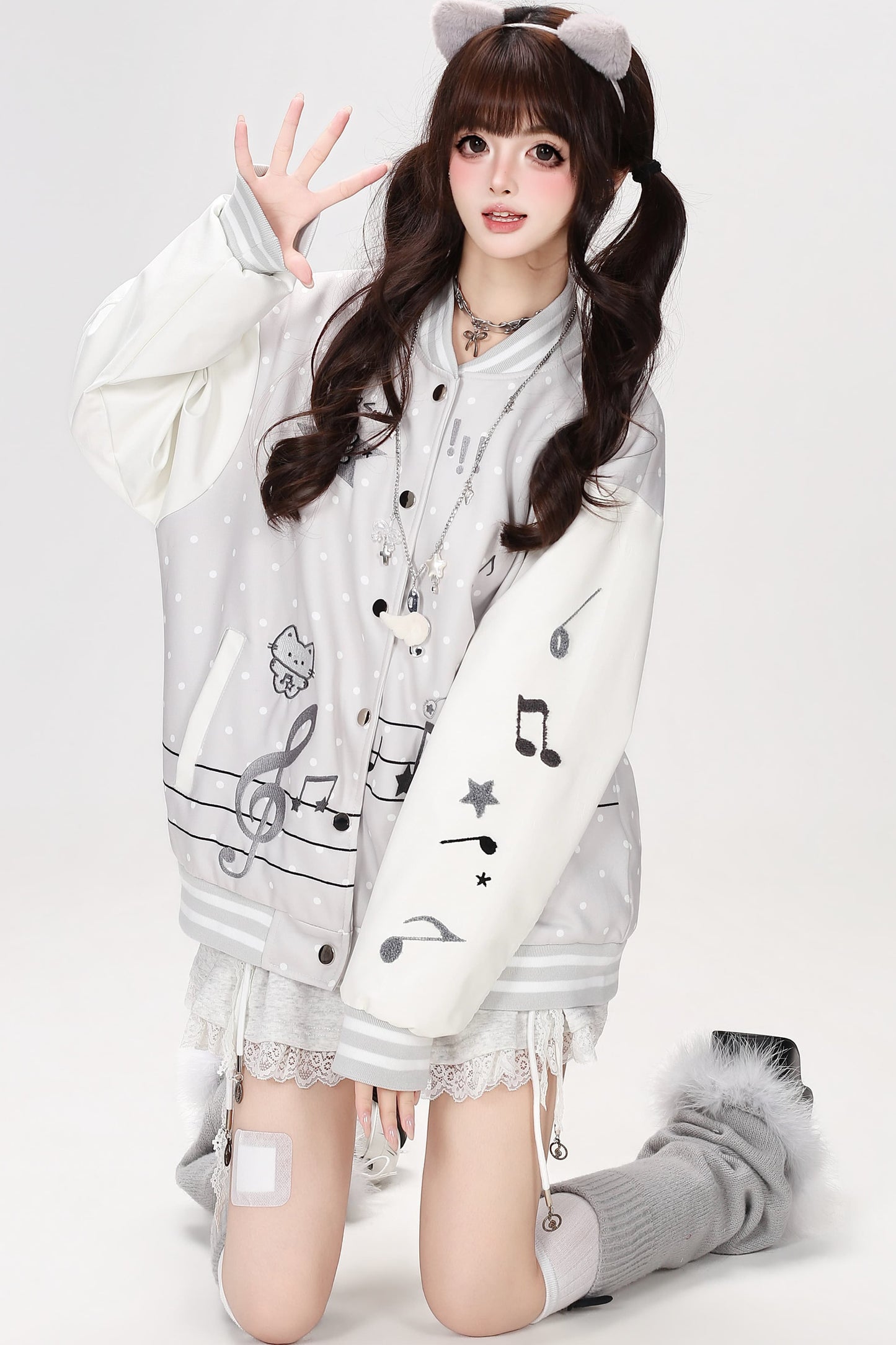 Musical Note Kitten Embroidery Baseball Jacket