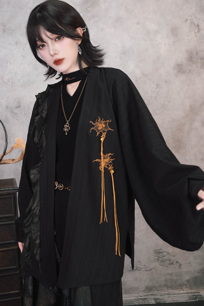 Loose Black Lace Trim Embroidery Tassel Cardigan