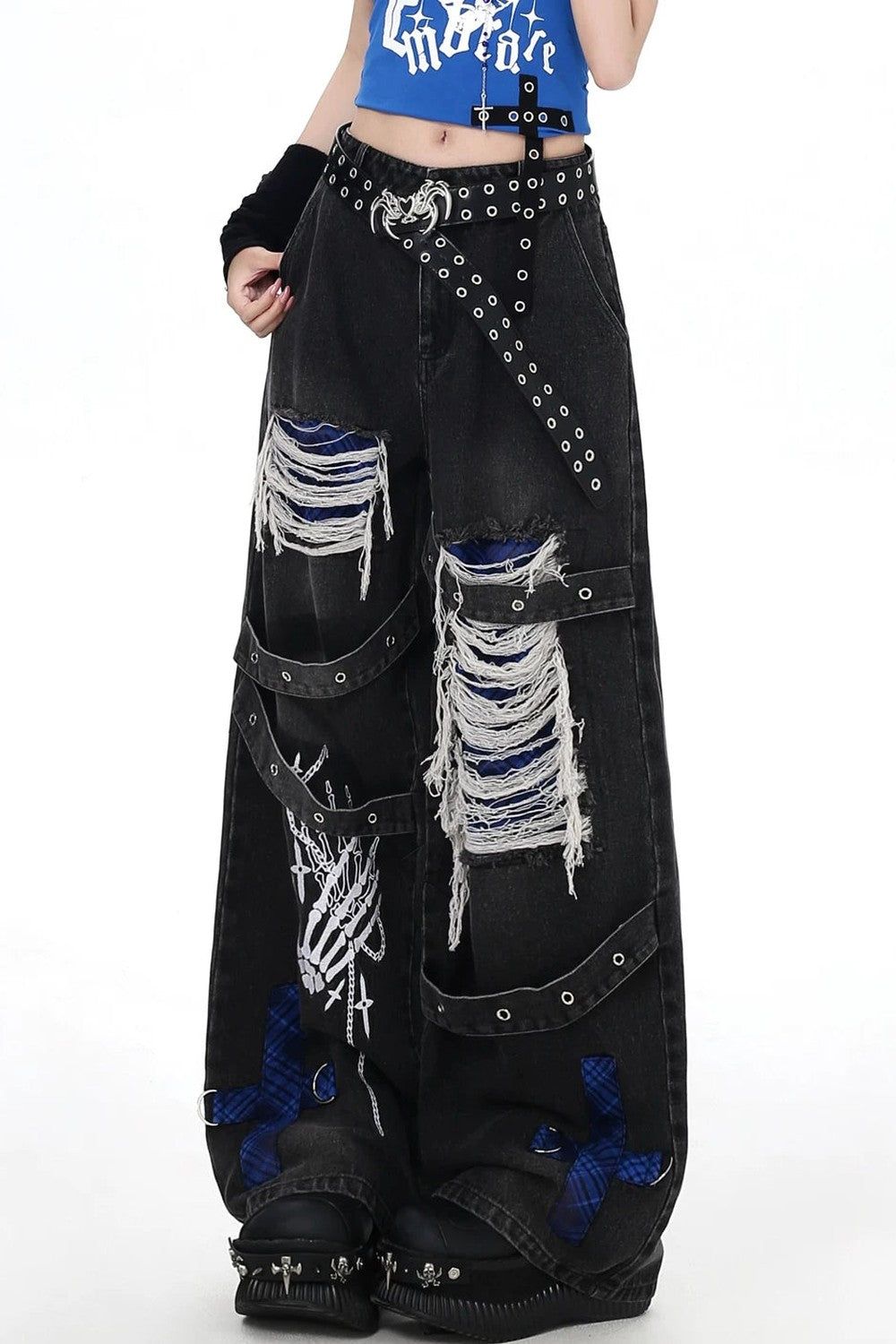 Punk Distressed Wide-Leg Jeans
