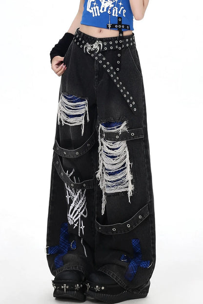 Punk Distressed Wide-Leg Jeans