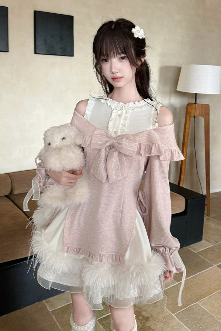 Moon Rabbit Big Bow Off-Shoulder Top and Skirt Set