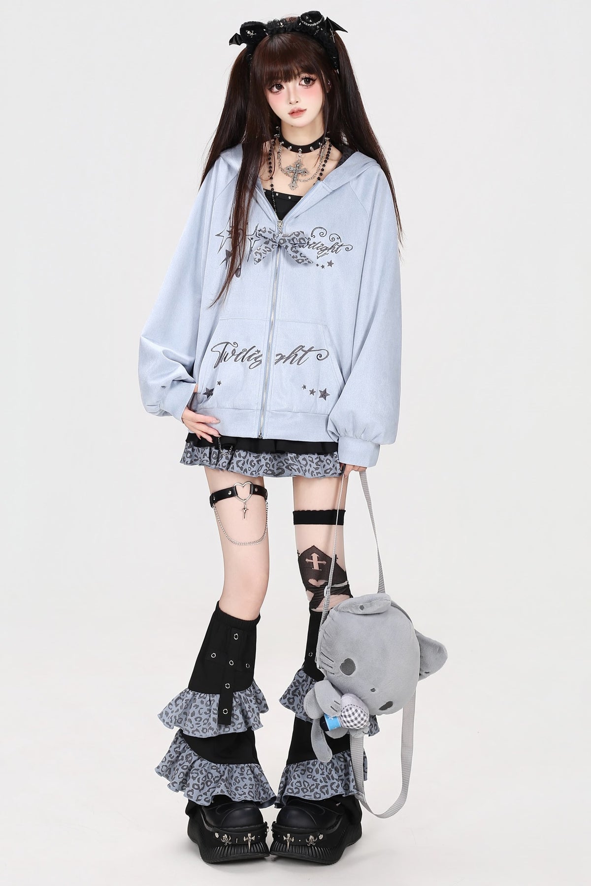 Leopard Musical Note Embroidery Hooded Jacket