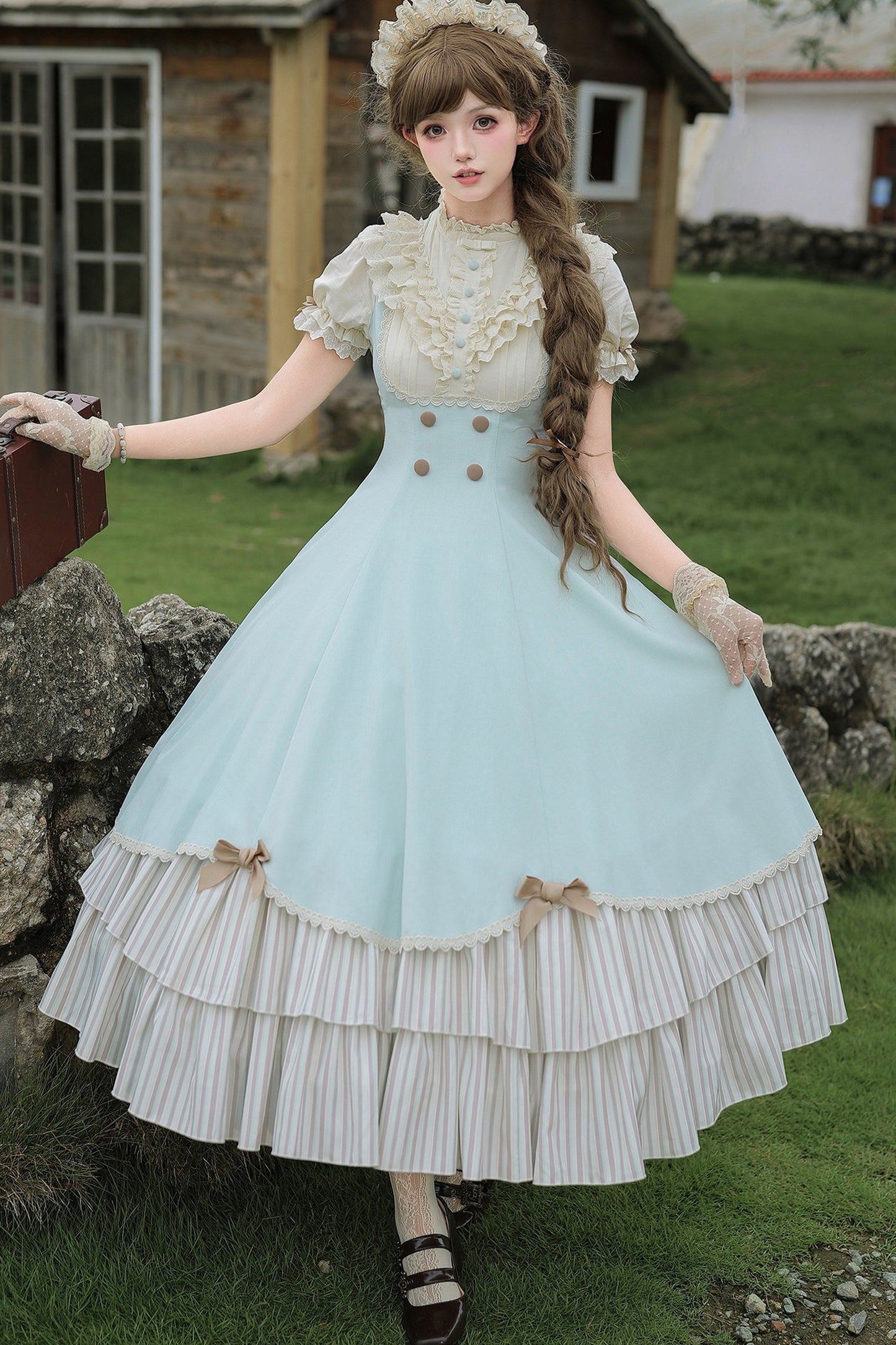 Lace Stand Collar Petal Hem Ruffle Dress