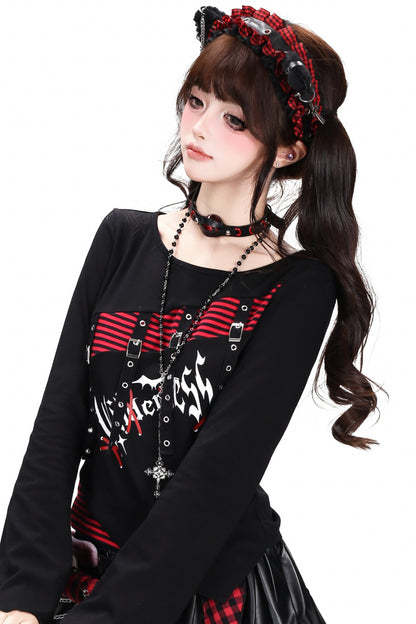 Schwarz-rot gestreiftes Patchwork-Langarm-T-Shirt