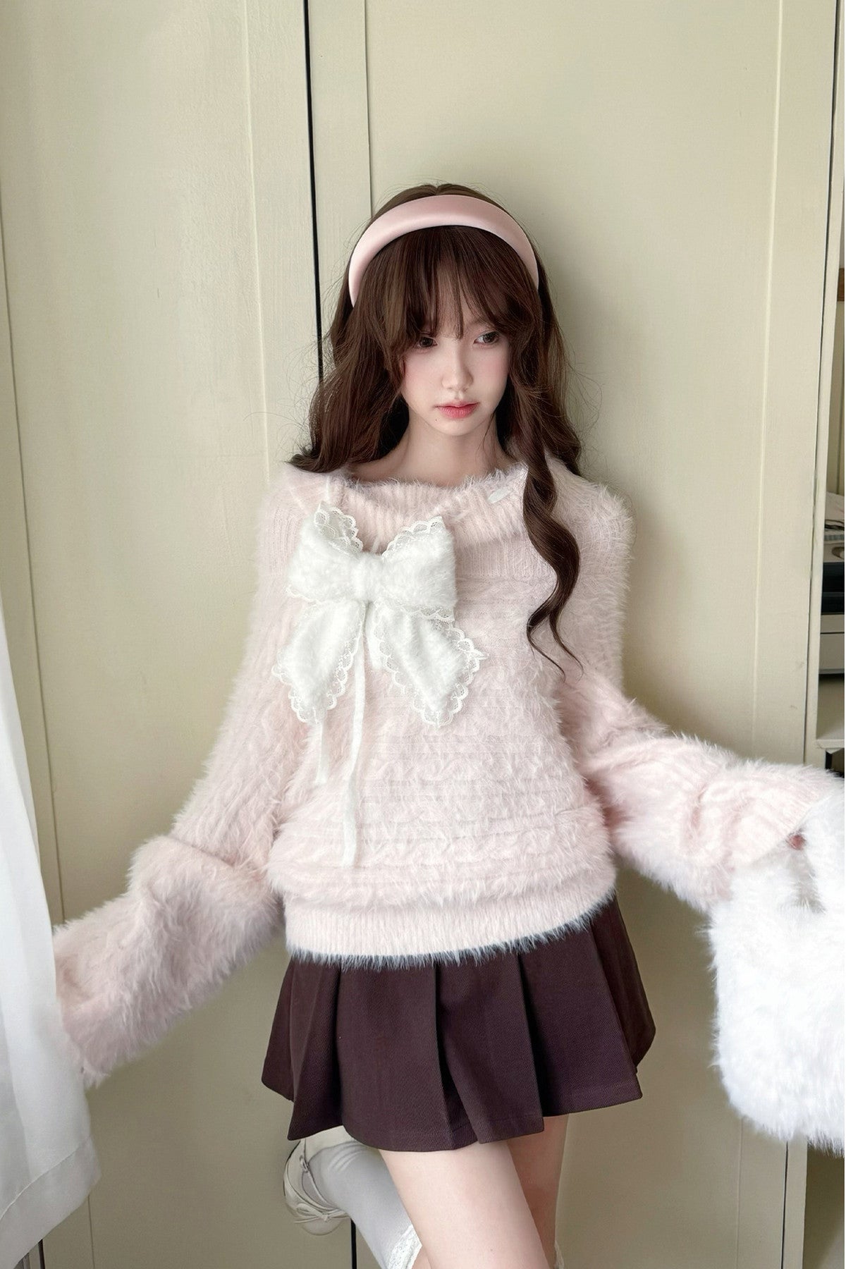 Mint Blue Two-Way Off-Shoulder Sweater With Skirt Set