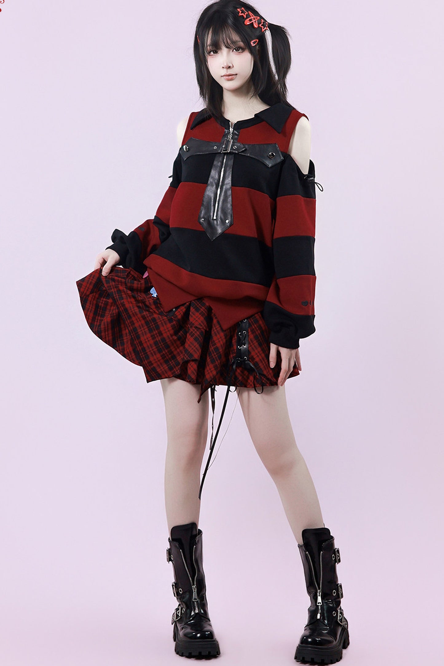 Striped Leather Trim Off-Shoulder Sweatshirt