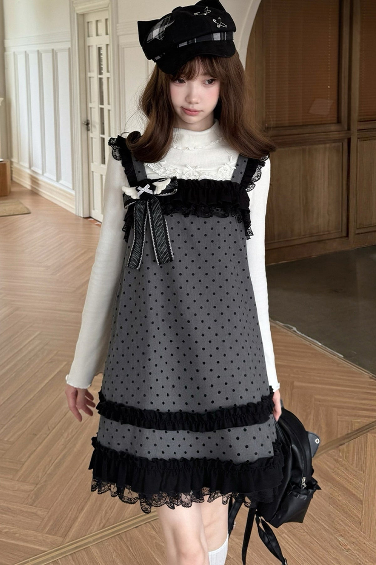 Schwarz-graues Polka-Dot-Trägerkleid-Set