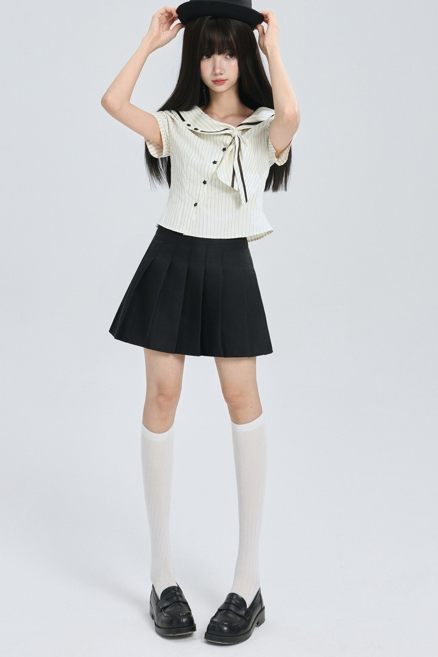 Striped Navy Collar Star Button Blouse