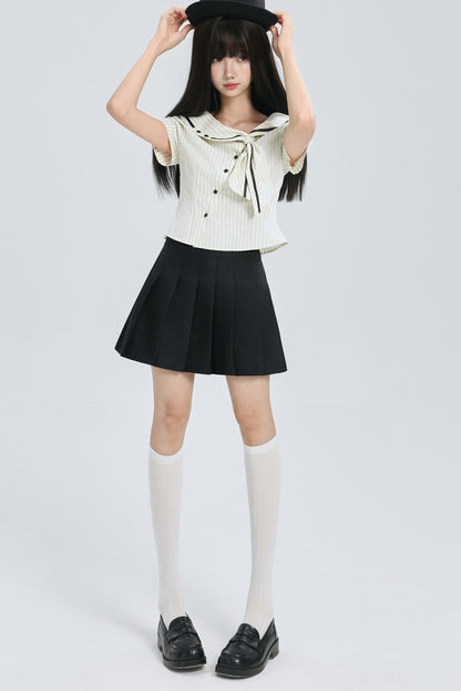 Striped Navy Collar Star Button Blouse