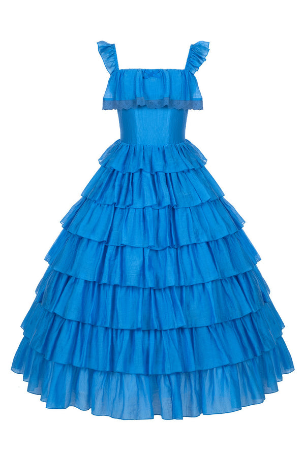 Seven-Layer Ruffle Square Neck Dress, Hair Accessory and Jacket Set-Up