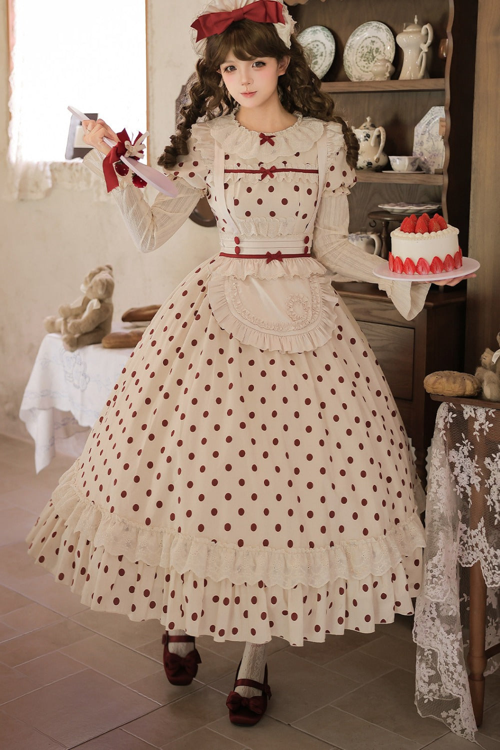 Cotton Polka Dot Print OP Dress Set-Up