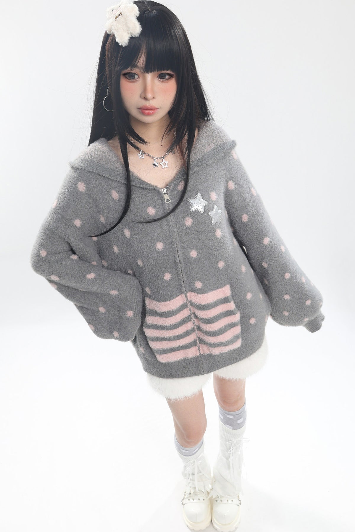 Cat Ear Polka Dot Star Stripe Cardigan