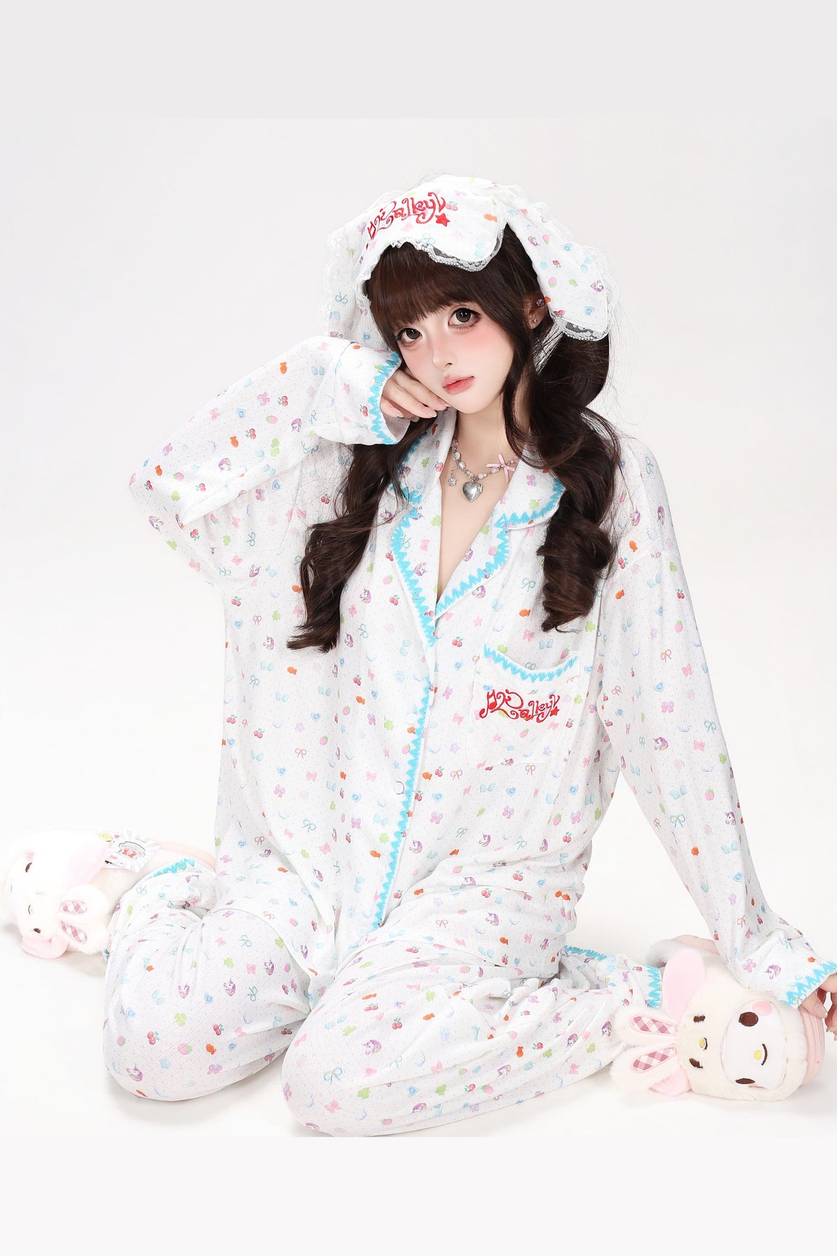 Colorful Bunny Print Long-Sleeved Pajama Top Set