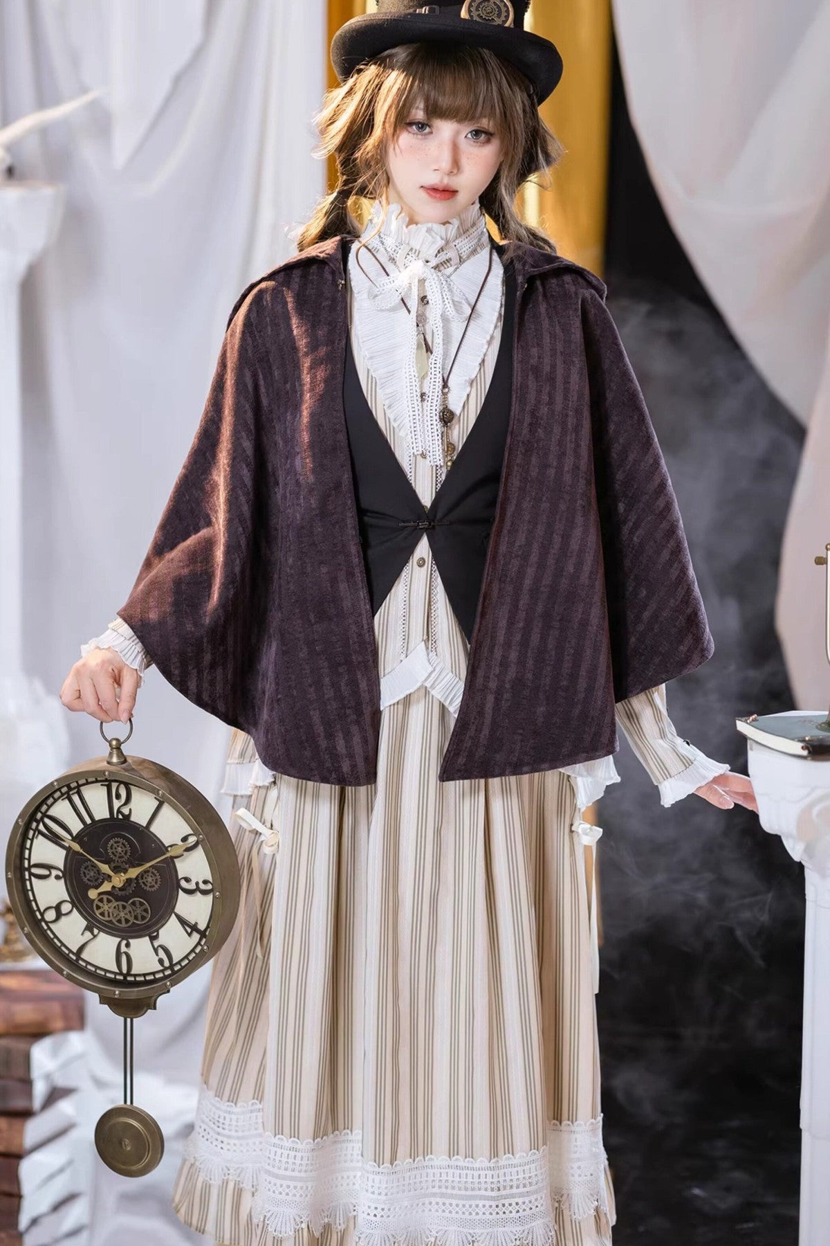 Purple Black Striped Velvet Hooded Cape