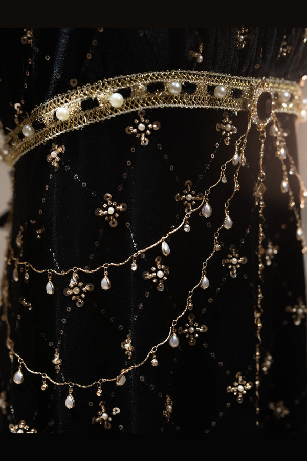 Black Gold Beaded Empire Dress