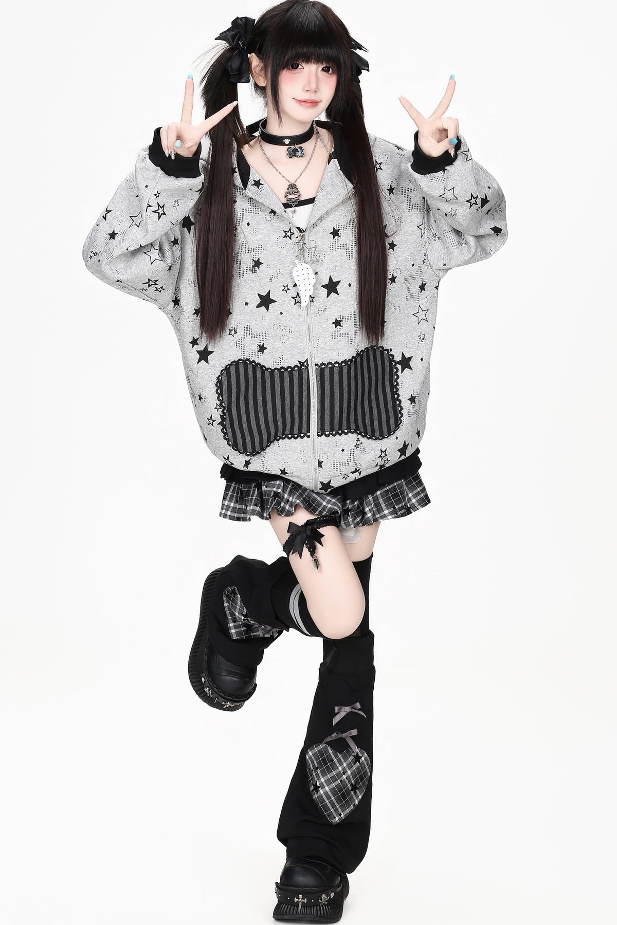 Star Print Hooded Sweatshirt Jacket
