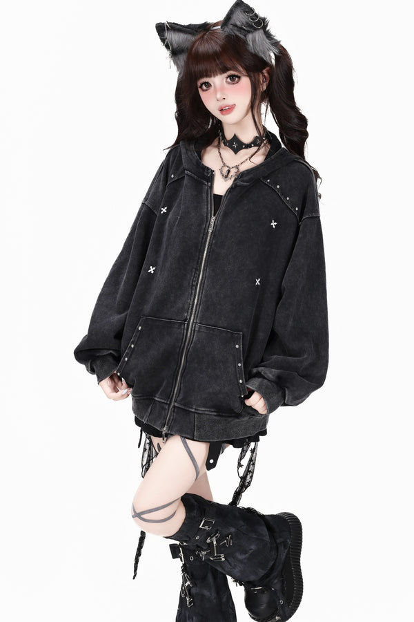 Studded Hooded Loose Jacket