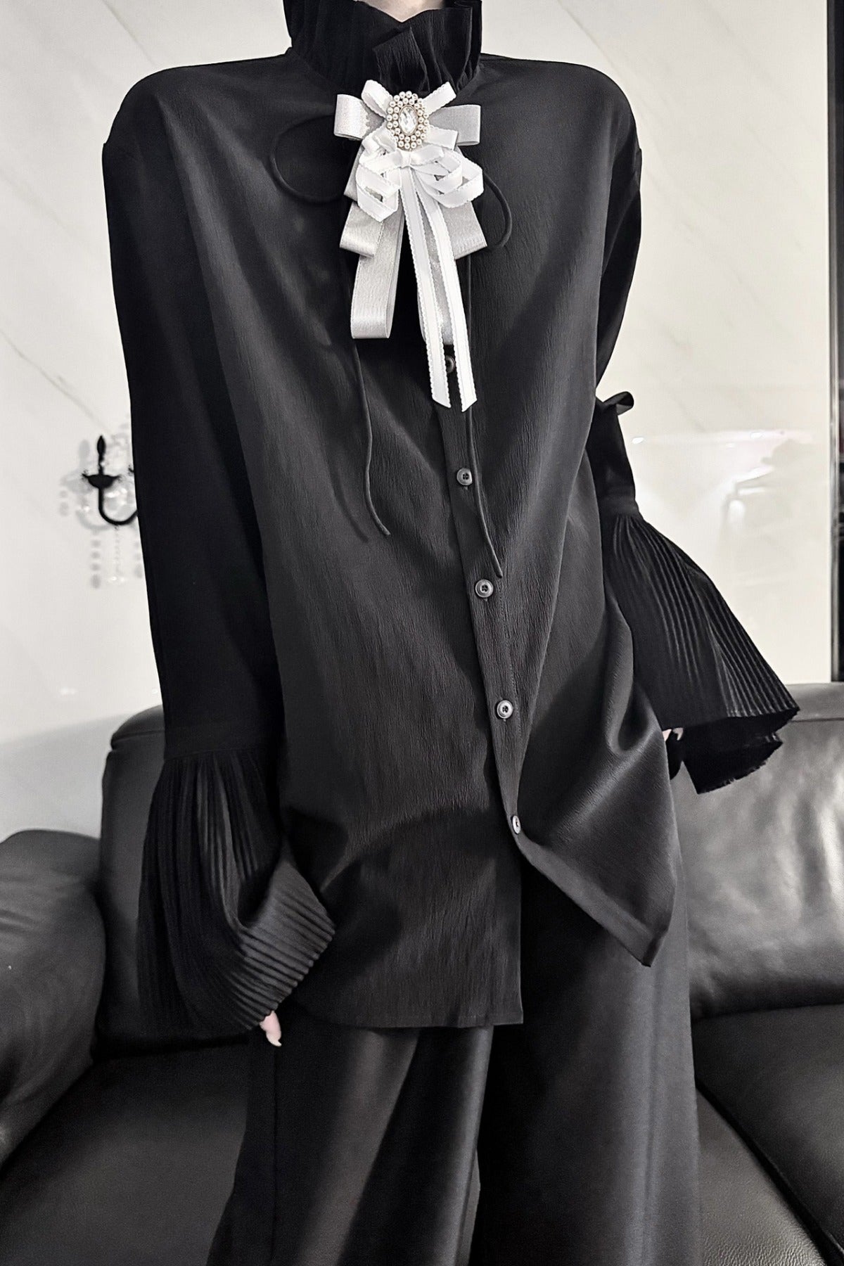 Pleated Bell Sleeve Blouse