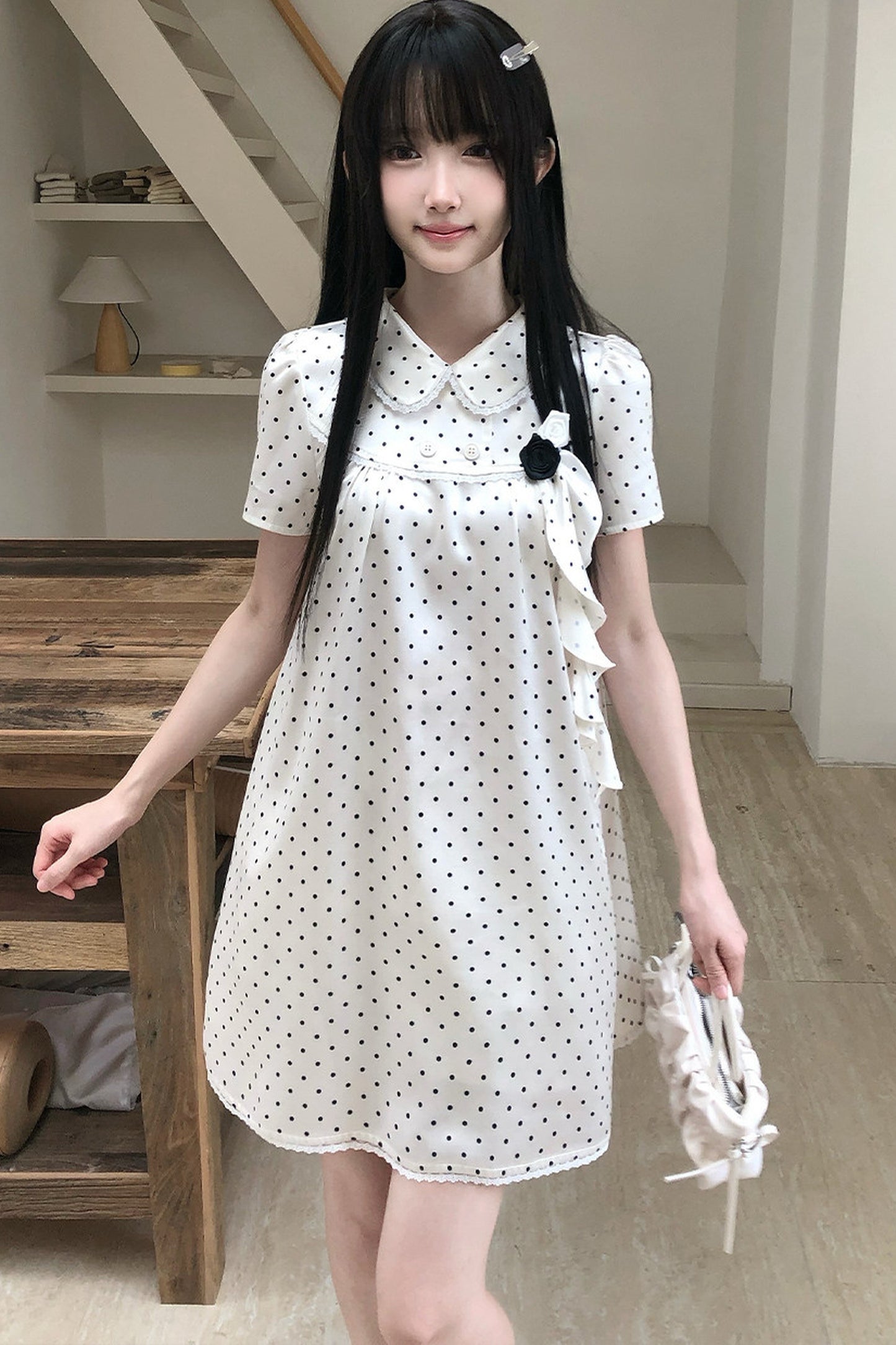 도트무늬 피터팬 칼라 원피스와 상의 세트