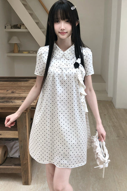 도트무늬 피터팬 칼라 원피스와 상의 세트