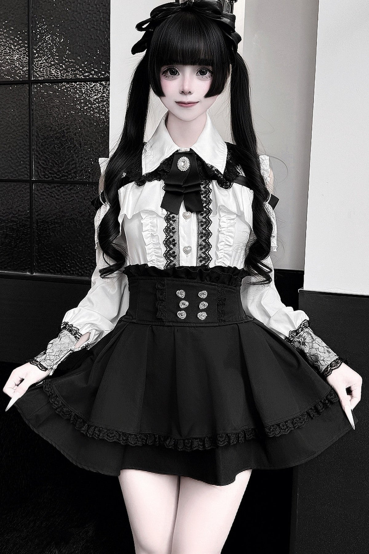[Pre-order] Cold Shoulder Heart Buckle Long Sleeve Ruffle Lace Blouse with Bow Tie + Lace-Trim Pleated Mini Skirt Set