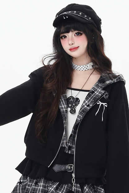 Plaid Rabbit Ear Embroidered Hooded Jacket