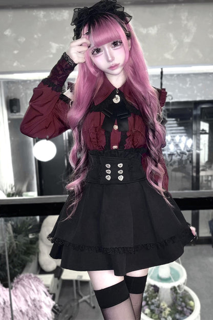 [Pre-order] Cold Shoulder Heart Buckle Long Sleeve Ruffle Lace Blouse with Bow Tie + Lace-Trim Pleated Mini Skirt Set