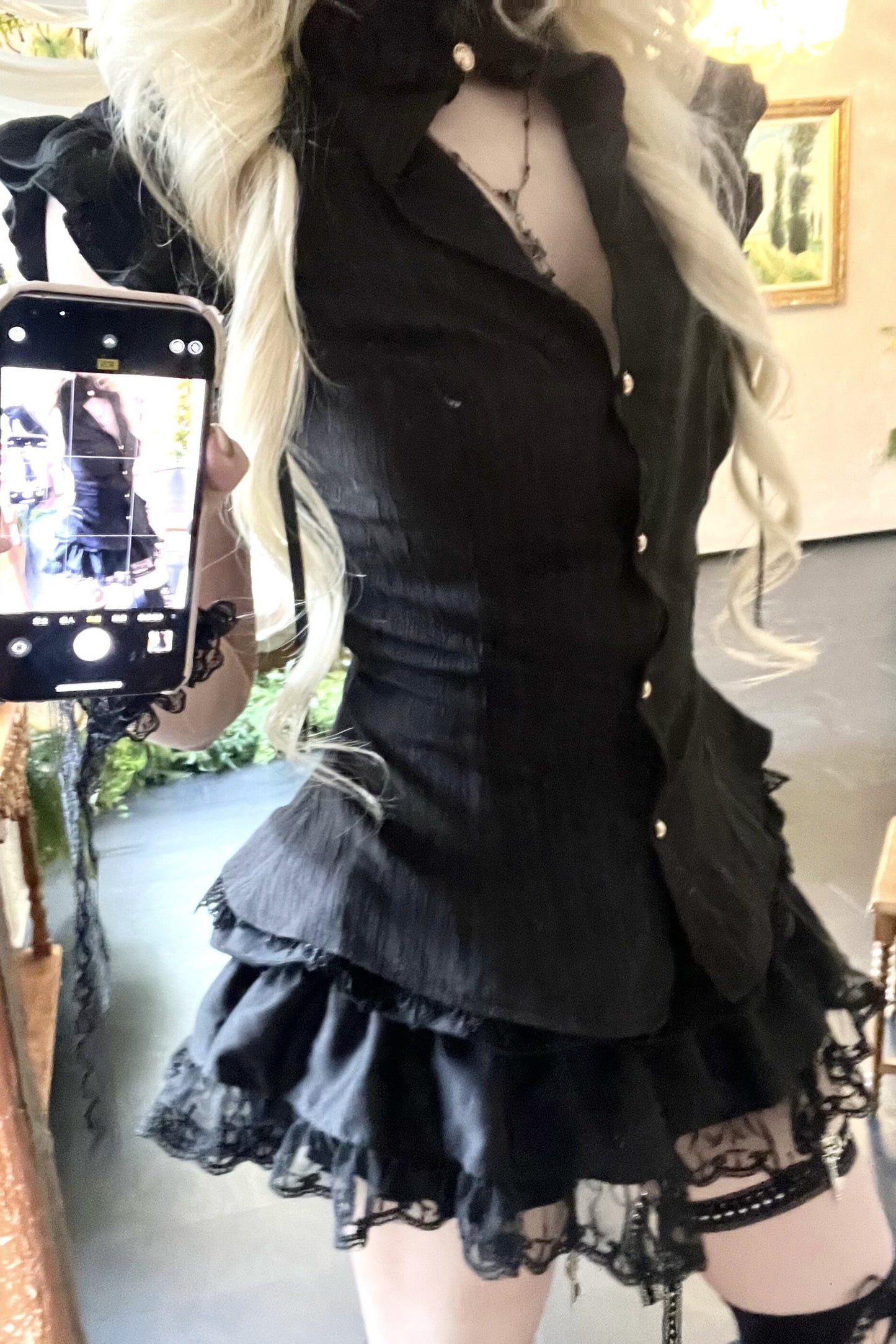 Schwarzes Gothic-Kurzarmhemd mit gestuftem Stufenrock-Set