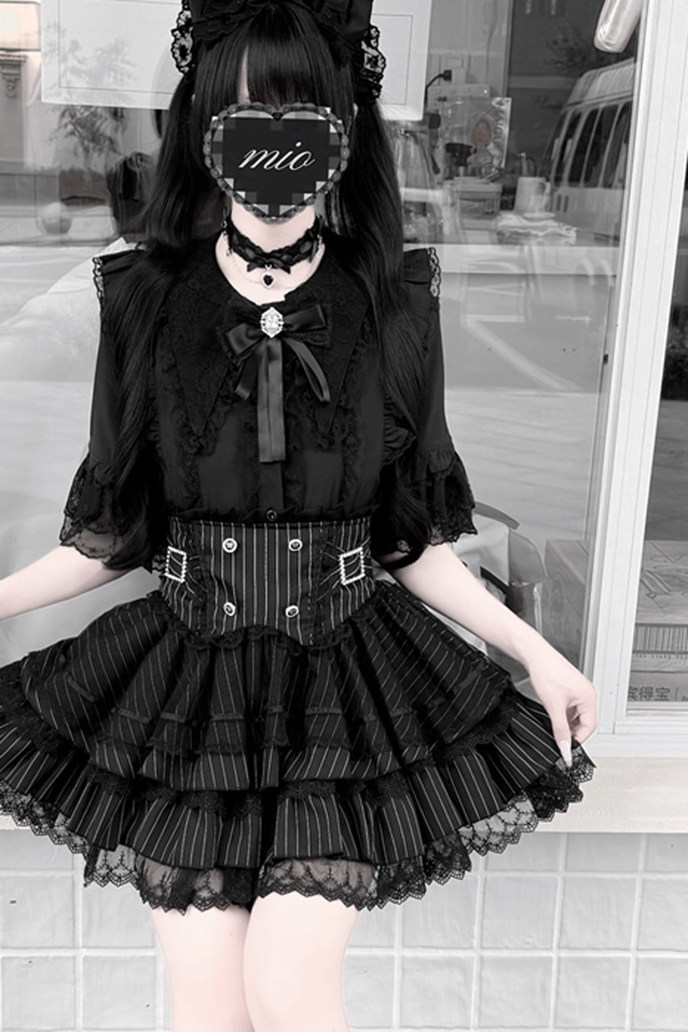 Cherry Short-Sleeved Lace Collar Shirt and Skirt Set-Up