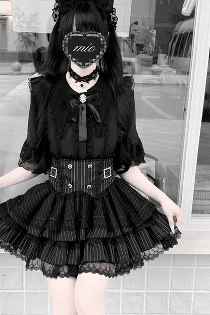 Cherry Short-Sleeved Lace Collar Shirt and Skirt Set-Up